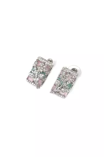 Silver plated square multicolor ad pendant set with earrings