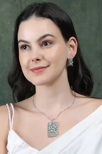 Silver plated square turquoise ad pendant set with earrings