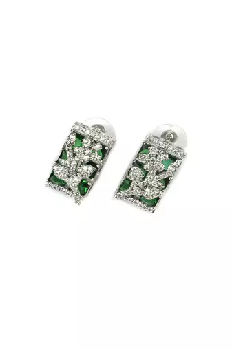 Silver plated square green ad pendant set with earrings