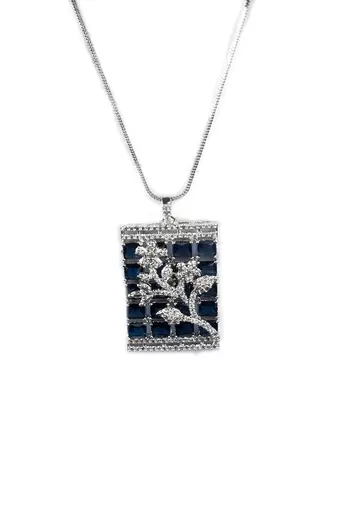 Silver plated square blue ad pendant set with earrings