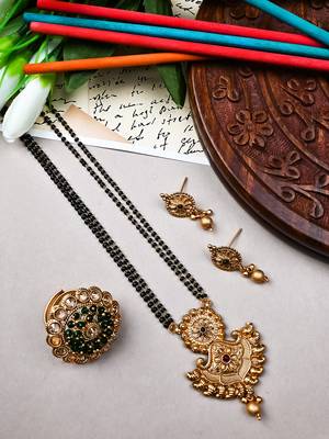 Designer gold plated rajwadi mangalsutra and green adjustable ring combo set 1