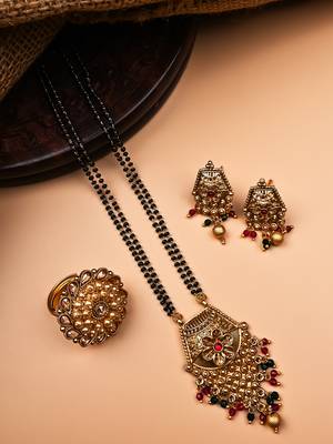 Luxurious gold plated rajwadi mangalsutra with multicolor hydra beads and ring combo set 1
