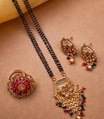 Gold plated rajwadi mangalsutra with red green hydra beads and ring combo set