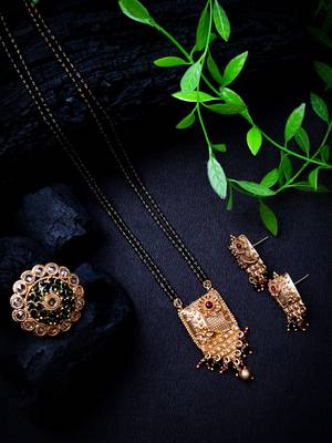 Designer gold plated square rajwadi mangalsutra and ring combo set 1