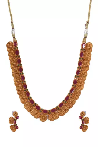 Gold plated green kemp laxmi coin necklace set