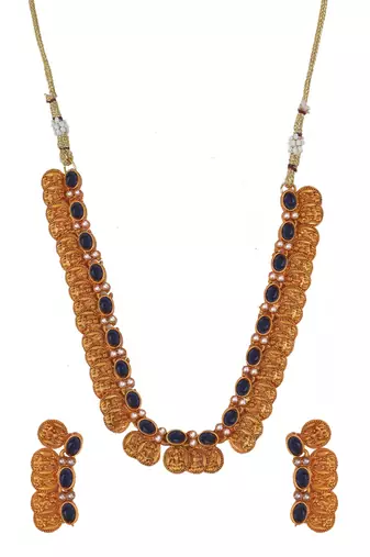 Gold plated blue kemp laxmi coin necklace set
