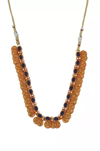Gold plated blue kemp laxmi coin necklace set