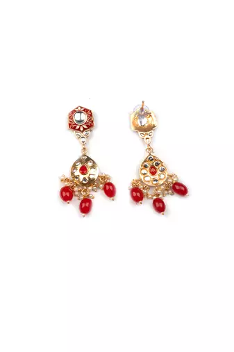 Gold plated red meenakari kundan necklace set