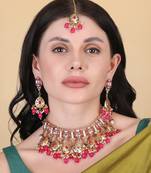 Gold plated pink meenakari kundan necklace set