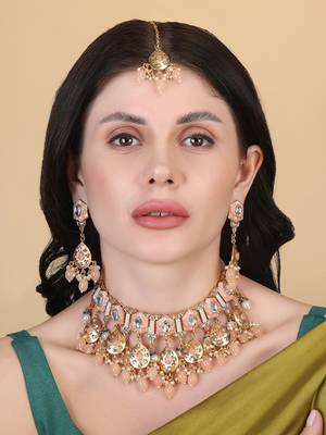 Gold plated peach meenakari kundan necklace set 1