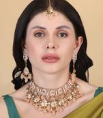 Gold plated peach meenakari kundan necklace set