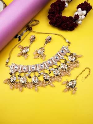 Gold plated peach meenakari kundan necklace set 2