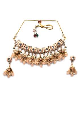 Gold plated peach meenakari kundan necklace set 3