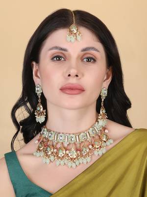 Gold plated light green meenakari kundan necklace set 1