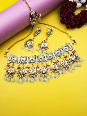 Gold plated light green meenakari kundan necklace set 2