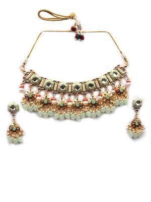 Gold plated light green meenakari kundan necklace set 3