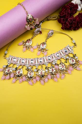 Gold plated blush meenakari kundan necklace set