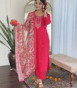 Women's Rayon Slub Straight Kurta, Pant and Dupatta Set