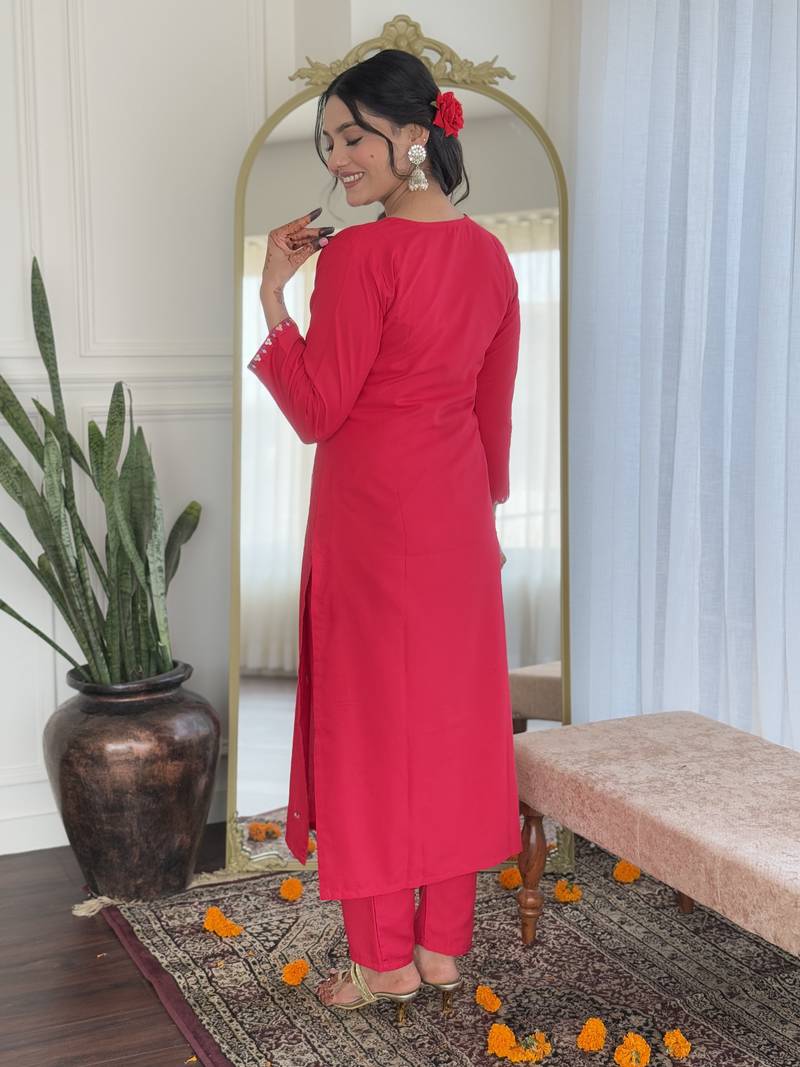 Women's Rayon Slub Fabric Straight Kurta, Pant and Dupatta Set