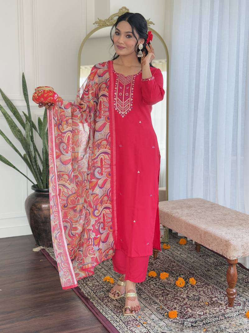 Women's Rayon Slub Fabric Straight Kurta, Pant and Dupatta Set
