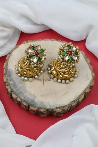 Gold plated multicolor kundan jhumki
