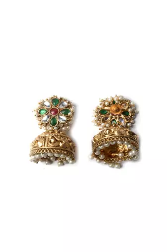 Gold plated multicolor kundan jhumki