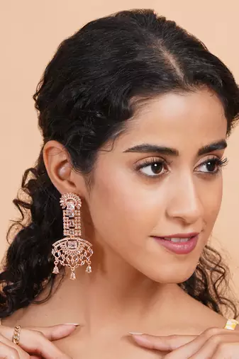 Rose gold white american diamond shoulder length earrings