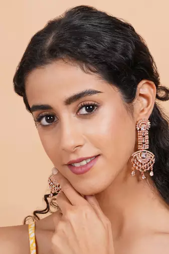 Rose gold white american diamond shoulder length earrings
