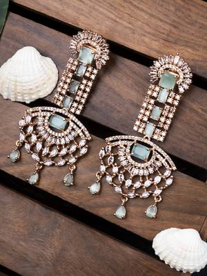 Rose gold turquoise american diamond shoulder length earrings 1