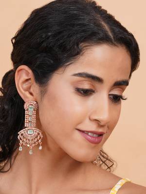 Rose gold turquoise american diamond shoulder length earrings 2