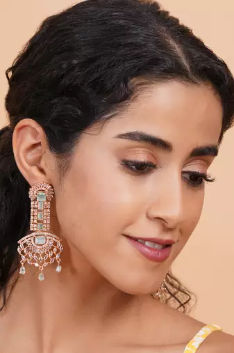 Rose gold turquoise american diamond shoulder length earrings