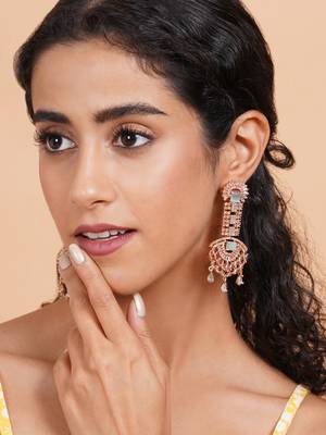 Rose gold turquoise american diamond shoulder length earrings 3