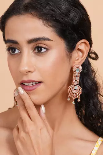 Rose gold turquoise american diamond shoulder length earrings