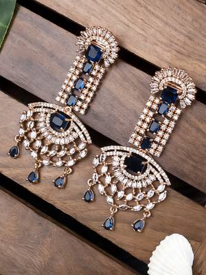 Rose gold blue american diamond shoulder length earrings 1