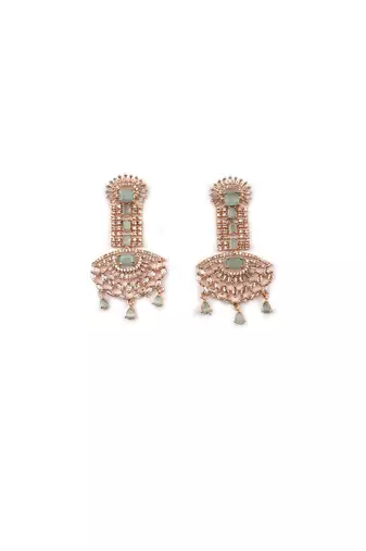 Rose gold turquoise american diamond shoulder length earrings