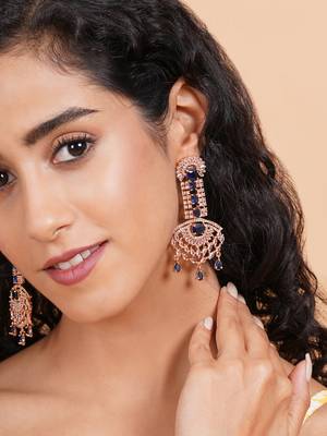 Rose gold blue american diamond shoulder length earrings 2