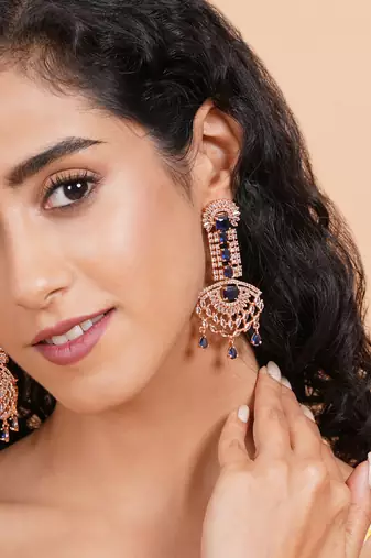 Rose gold blue american diamond shoulder length earrings
