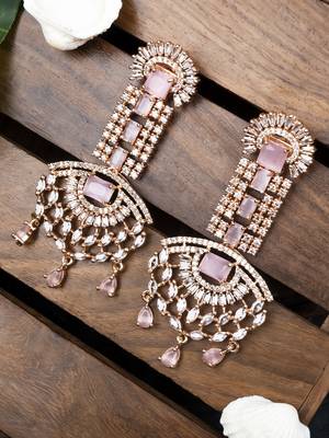 Rose gold pink american diamond shoulder length earrings 1