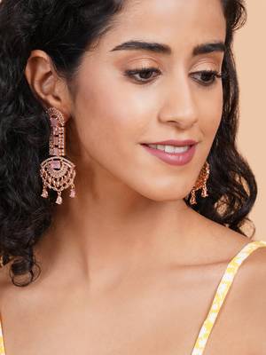 Rose gold pink american diamond shoulder length earrings 2