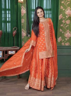Designer chinon sharara suit with sequence embroidered work 3