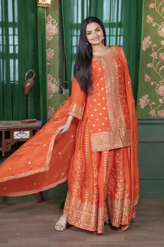 Designer chinon sharara suit with sequence embroidered work