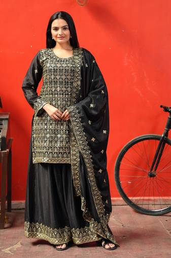 Designer chinon sharara suit with sequence embroidered work