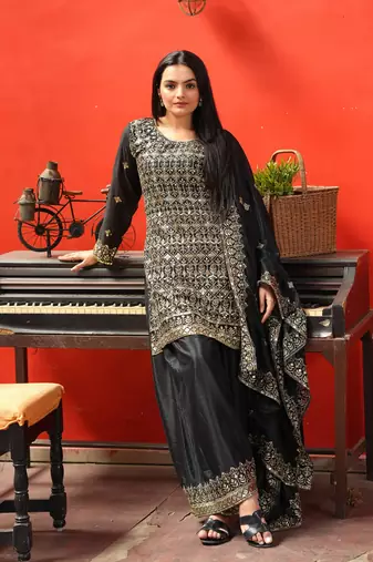 Designer chinon sharara suit with sequence embroidered work