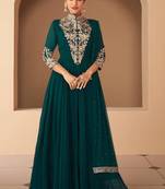 Teal green georgette embroidered anarkali suit
