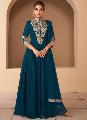 Royal blue georgette embroidered anarkali suit 1