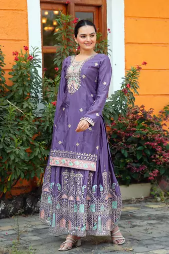 Designer chinon suit with sequence embroidered work
