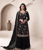 traditional all black chinon palazzo suit set for women