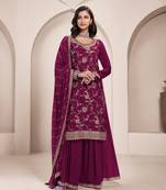traditional all magenta chinon palazzo suit set for women