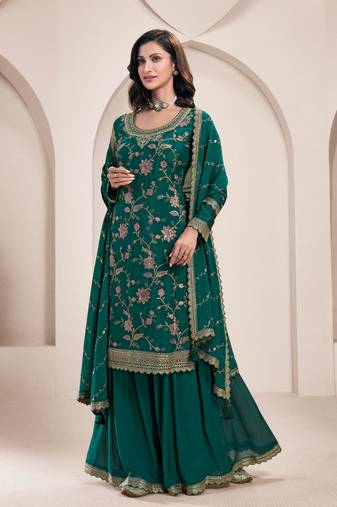 traditional all green chinon palazzo suit set for women