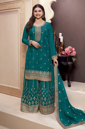 traditional rama green chinon palazzo suit set for women